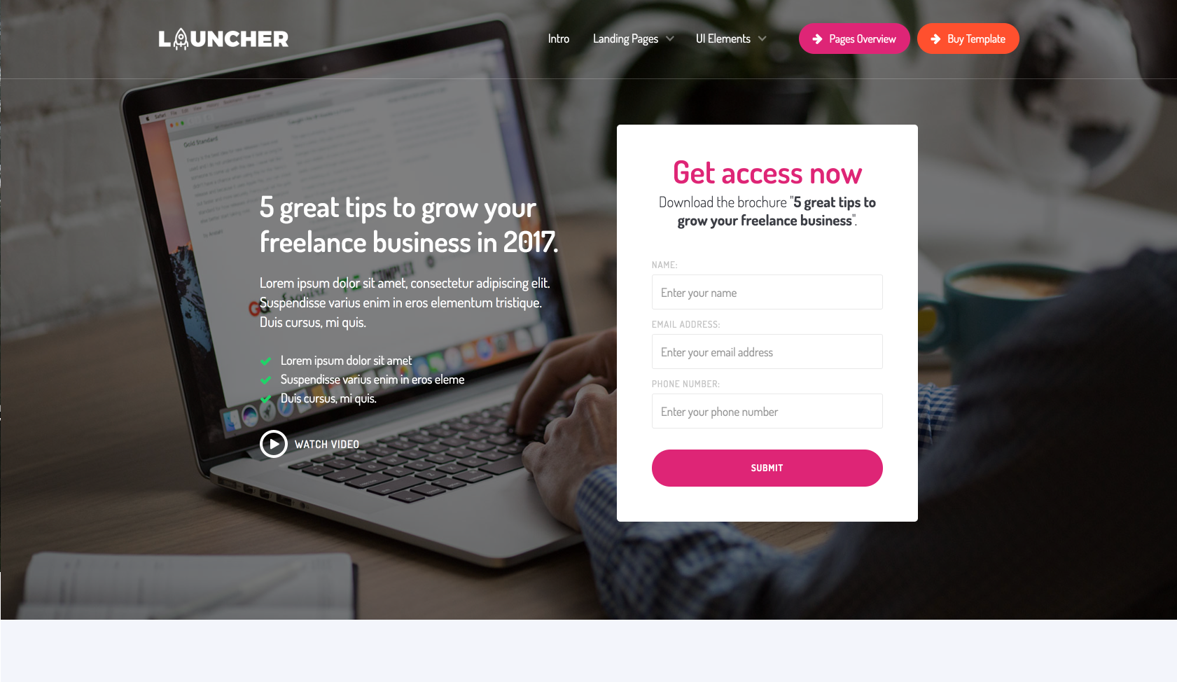 Homepage for Webflow template called Launcher.