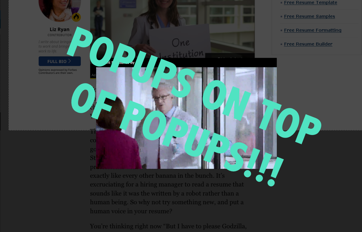 Forbes site with popups. Overlay text reads, "POPUPS ON TOP OF POPUPS!!!"