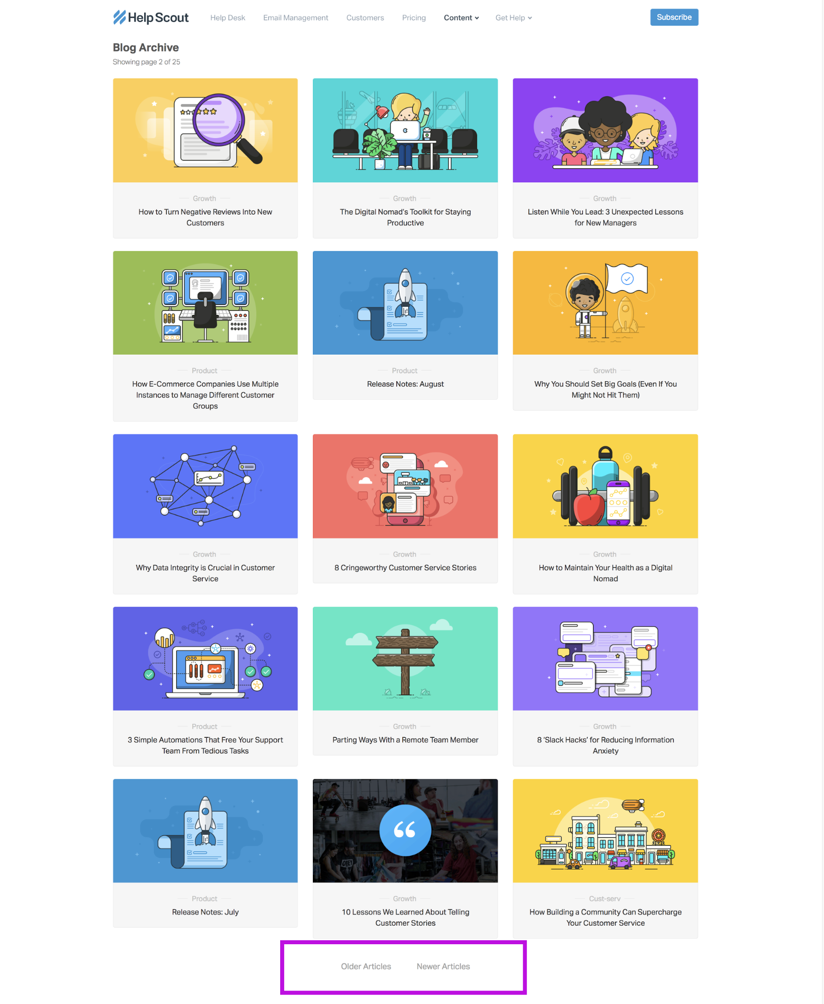 HelpScout's Blog Archive page as a grid. There is a box highlighting the "previous" and "next" buttons at the bottom.