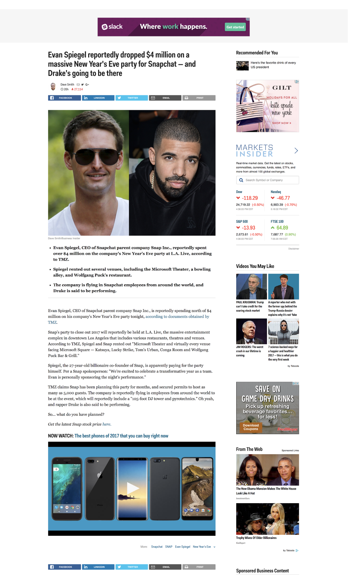 Business Insider blog page with social sharing buttons at the top and bottom of the page.