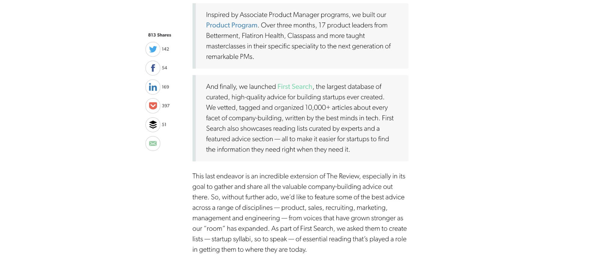 A blog page on First Round Review. It has a vertical box of social sharing buttons sitting the left of the article as the user scrolls.