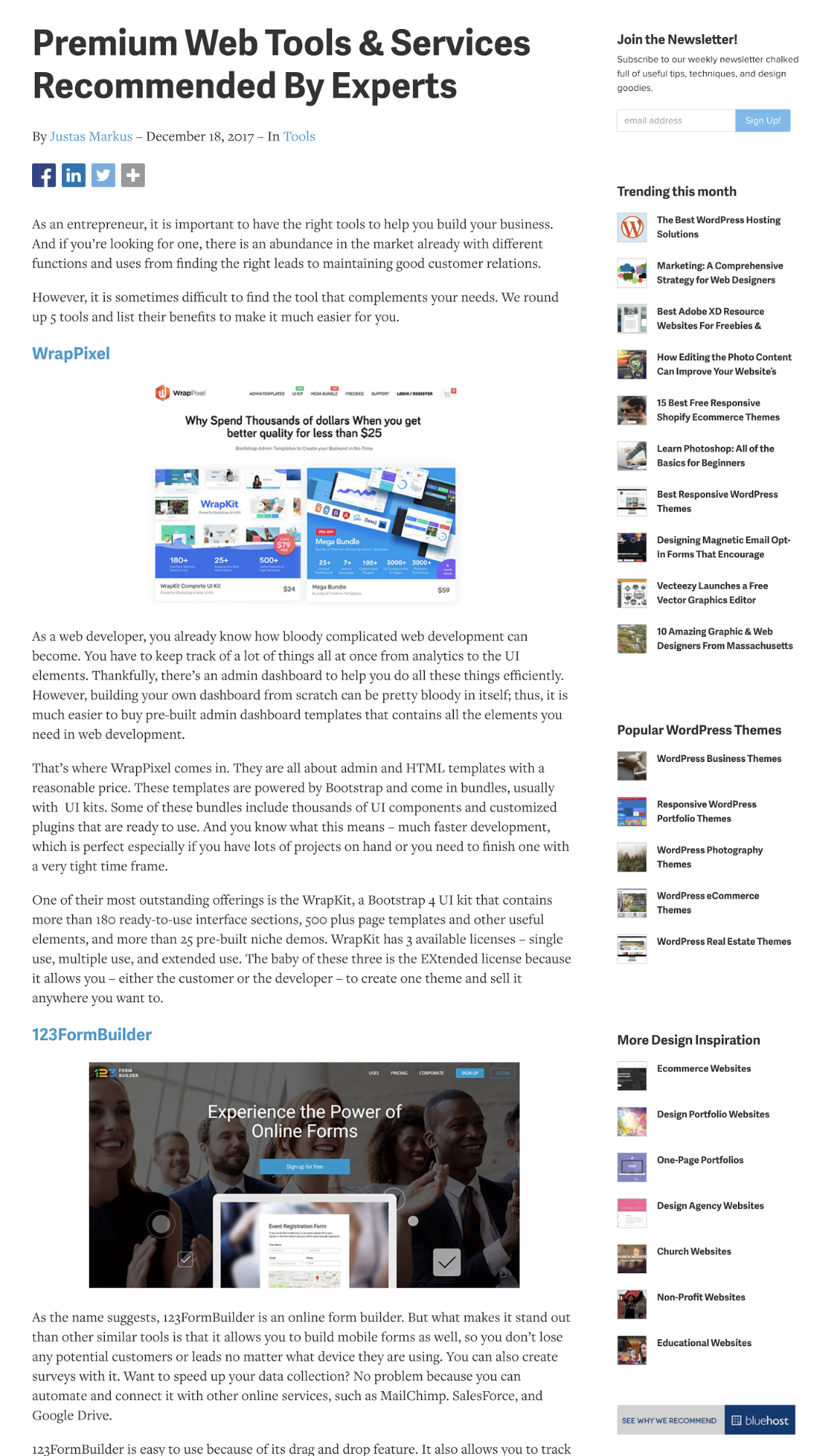 A blog post from Vandelay Design with a busy sidebar to the right of the main content with a long list of other articles and sites.