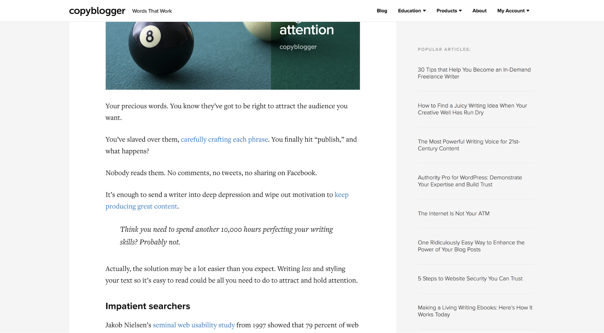 A blog post on Copyblogger with a sidebar to the right of the main content that is text only with a subtle, grey background colour.