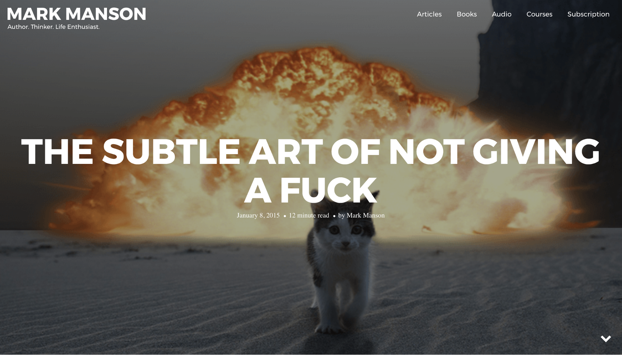 Hero image on a blog post from the Mark Manson site with a reading time in the text overlay.