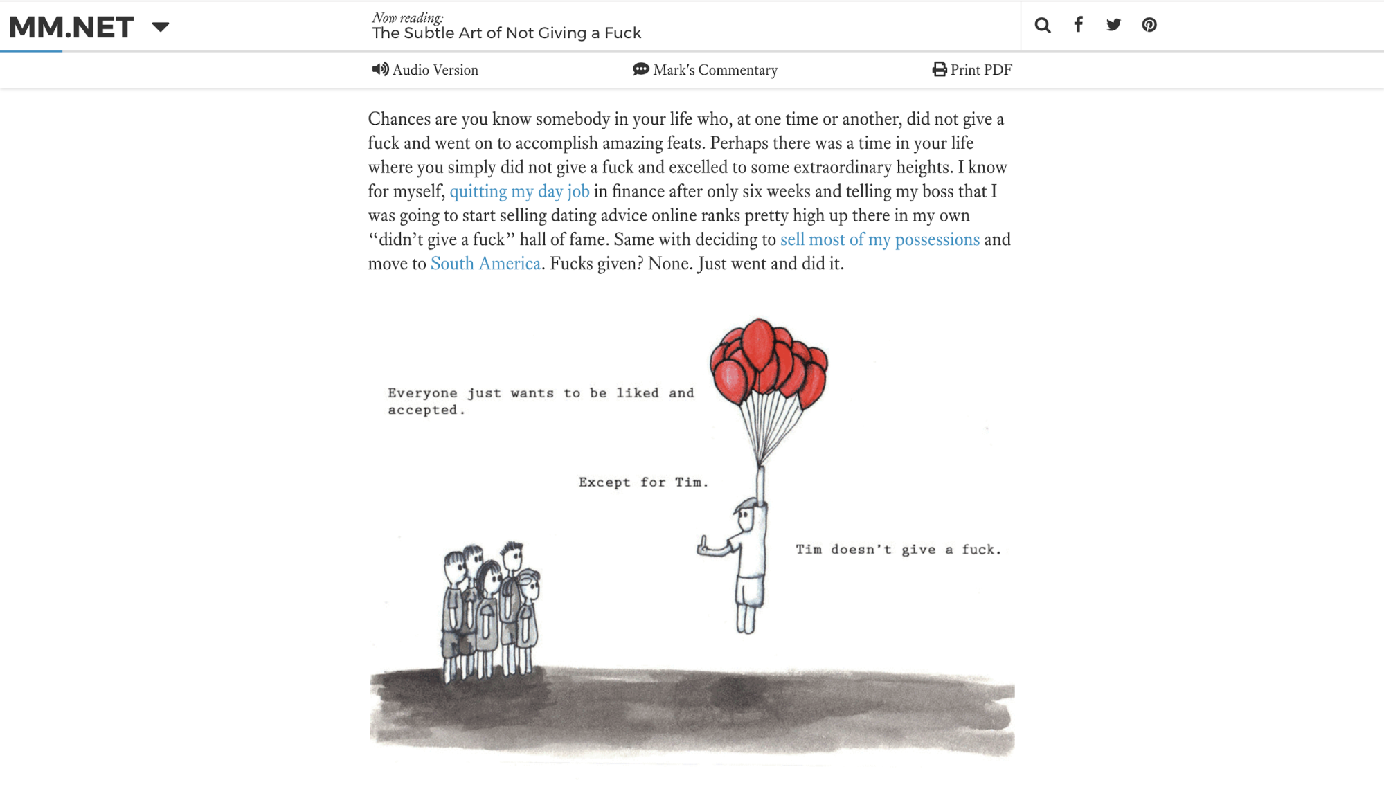A blog post on the Mark Manson site that has a verticla progress bar at the top.