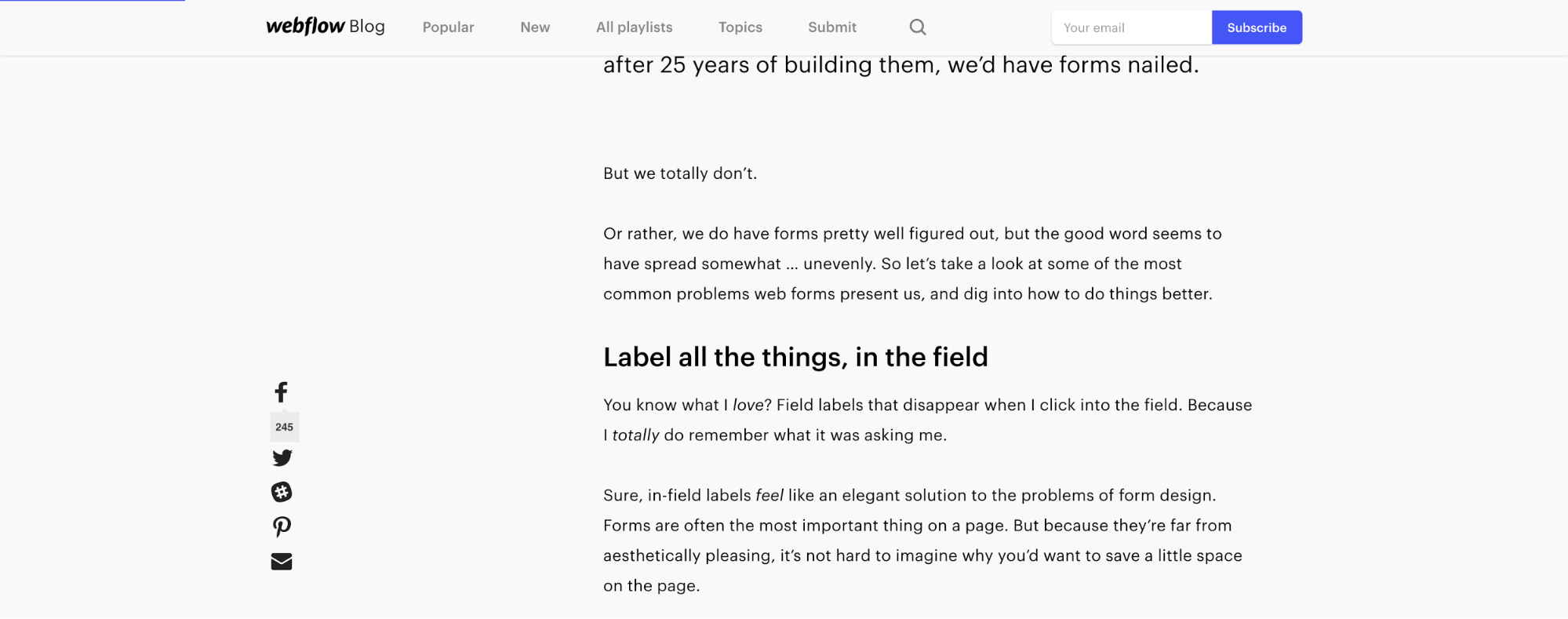 A blog post on Webflow with the subscribe button clearly displayed in the upper right corner.