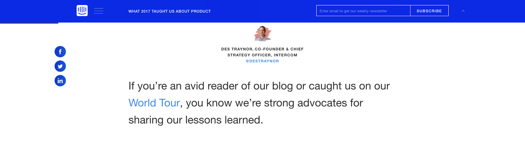 A page on Intercom's blog featuring a clear subscribe button in the top right.