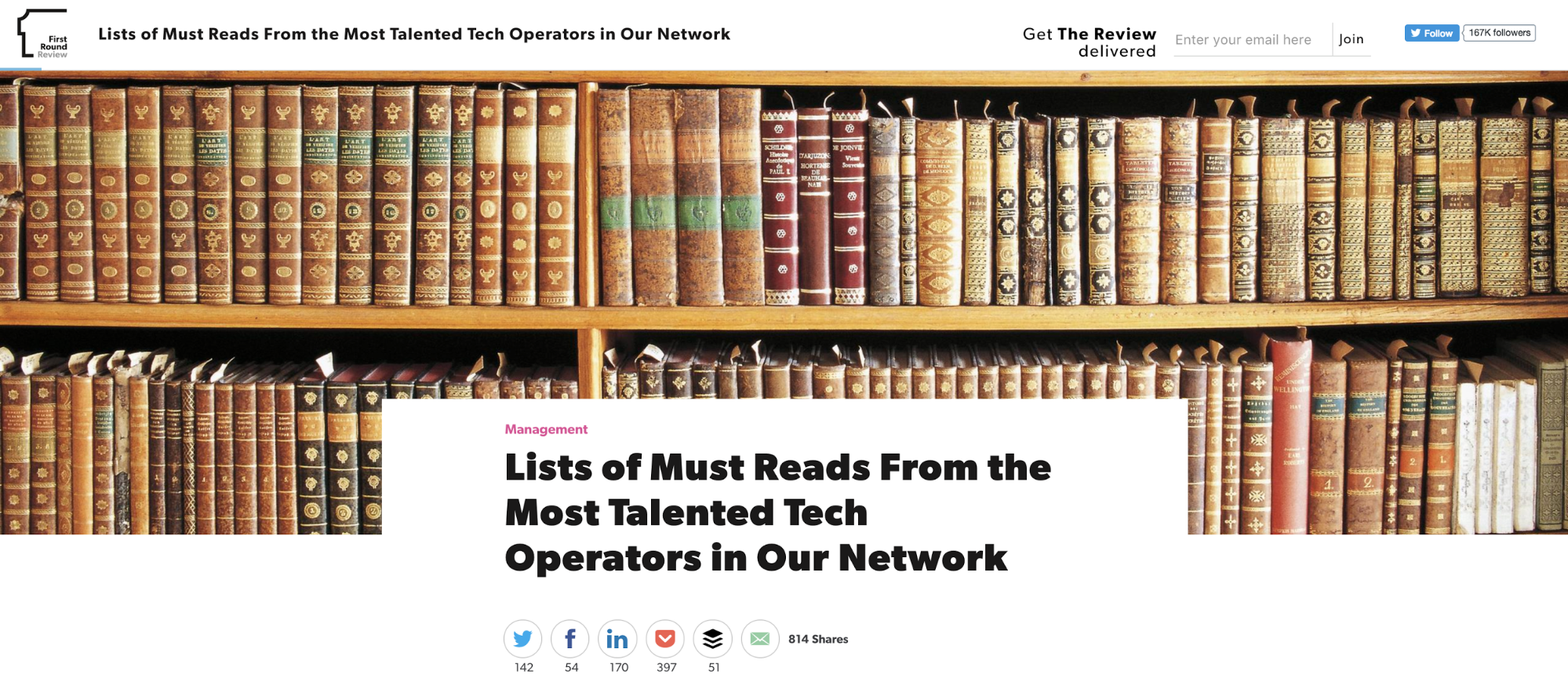 A blog post on First Round Review with a subscribe button in the top right.