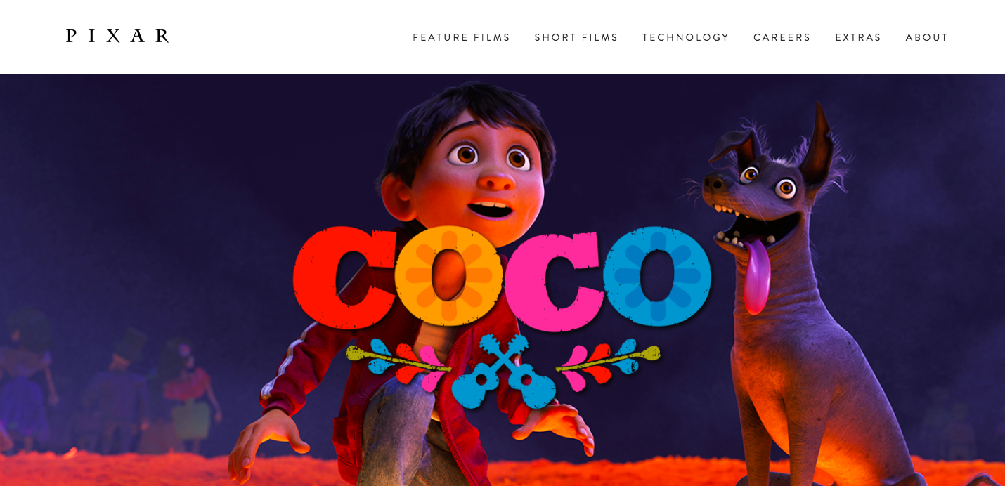 Pixar landing page featuring a closeup of Miguel and Dante from the movie Coco.