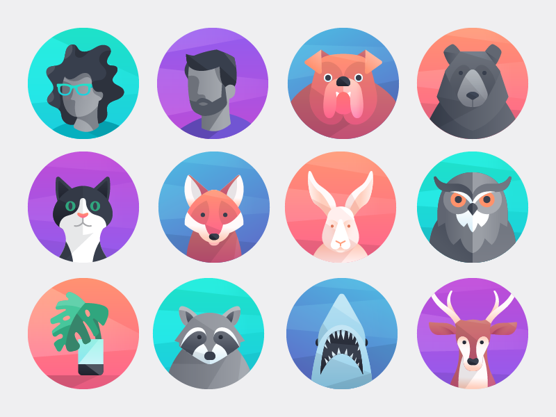 3 x 4 grid of various animal, human, and plant caricatures in circle backgrounds.