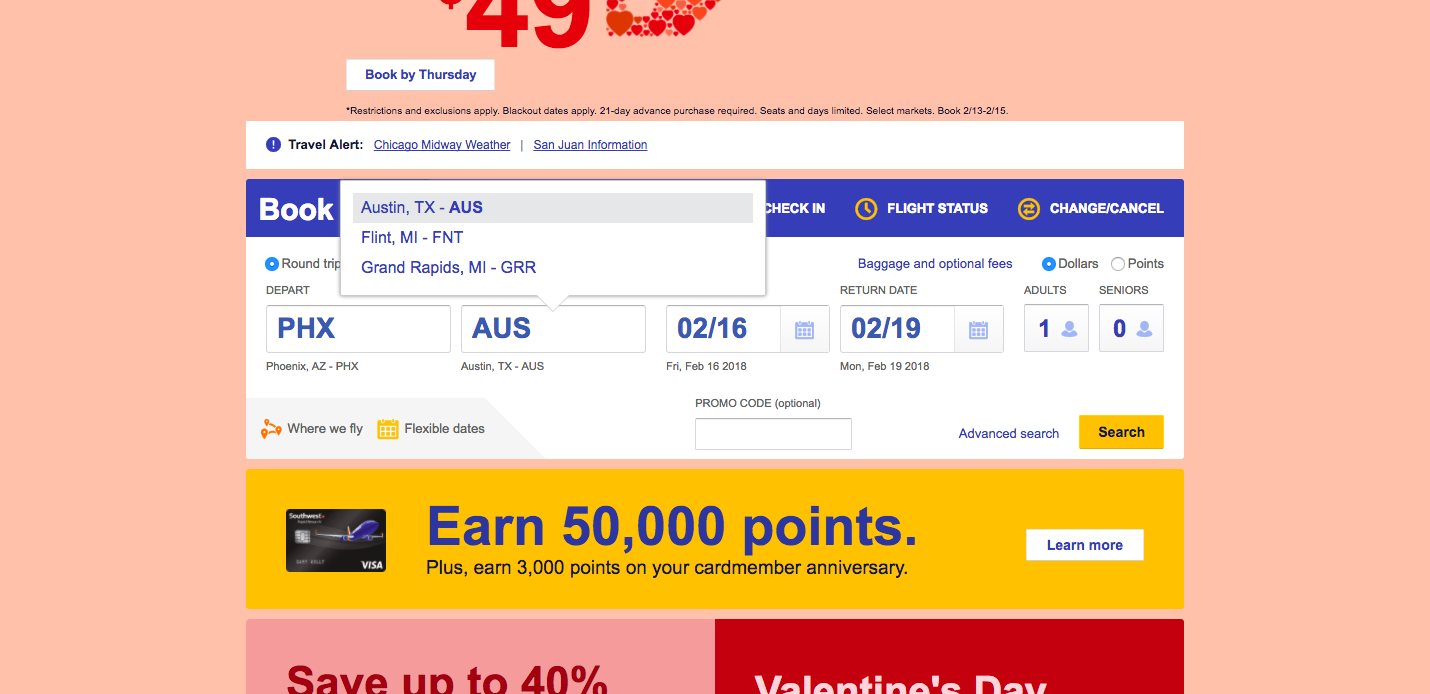 Southwest Airlines booking form