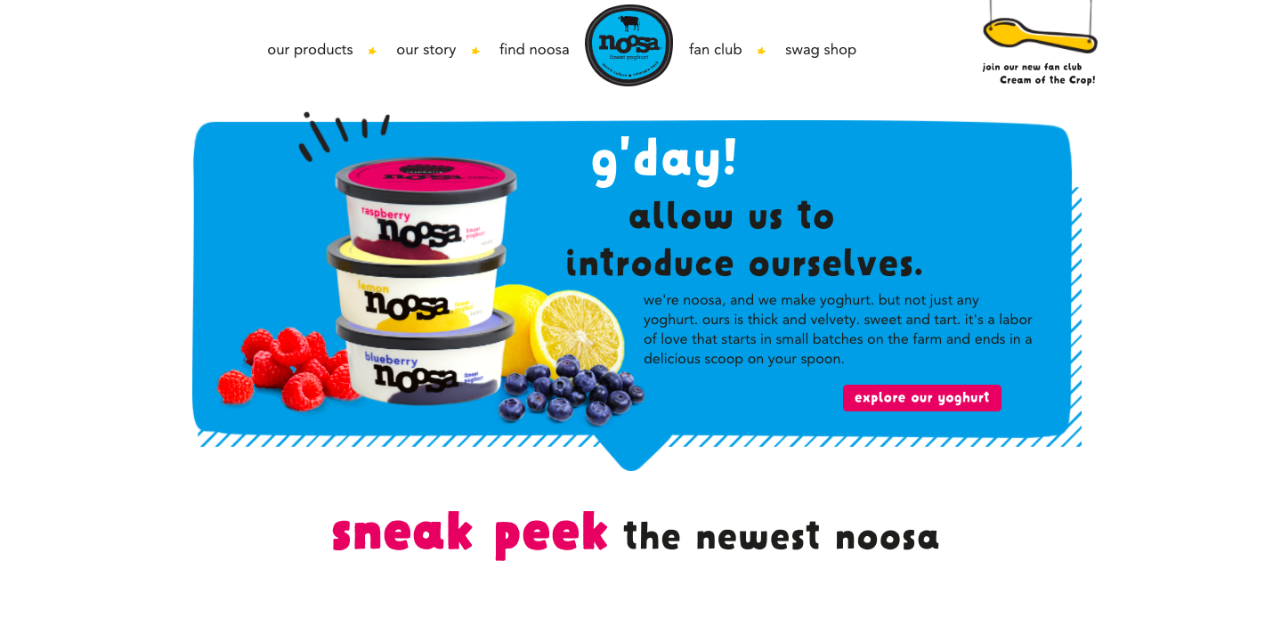 Top section of Noosa yogurt's website