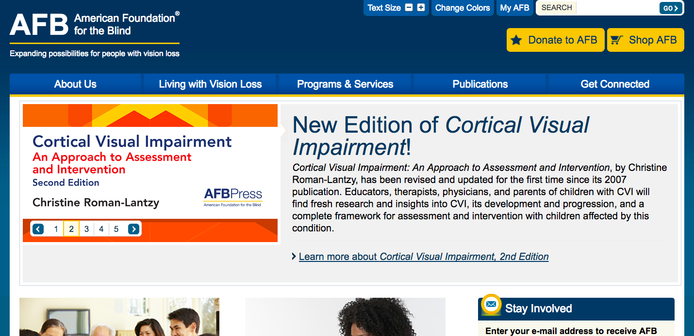 American Foundation for the Blind homepage with large type and a type size picker