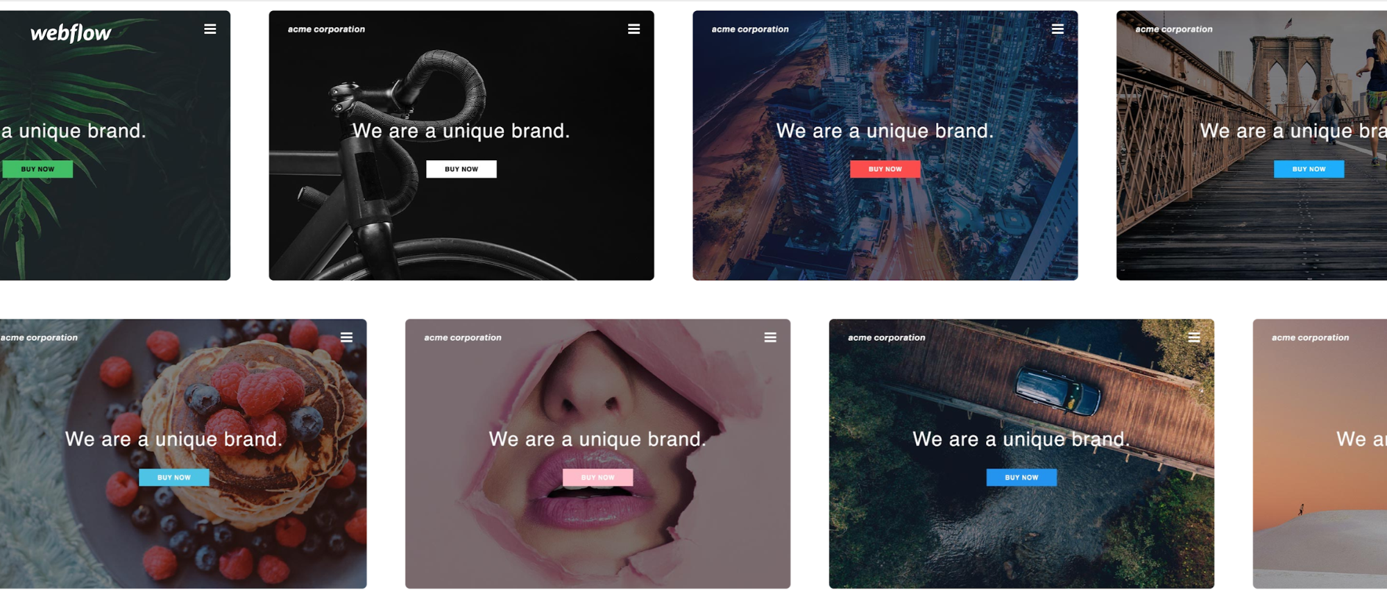 A grid of website templates with different photo backgrounds. Each one has text overlay that reads "We are a unique brand."