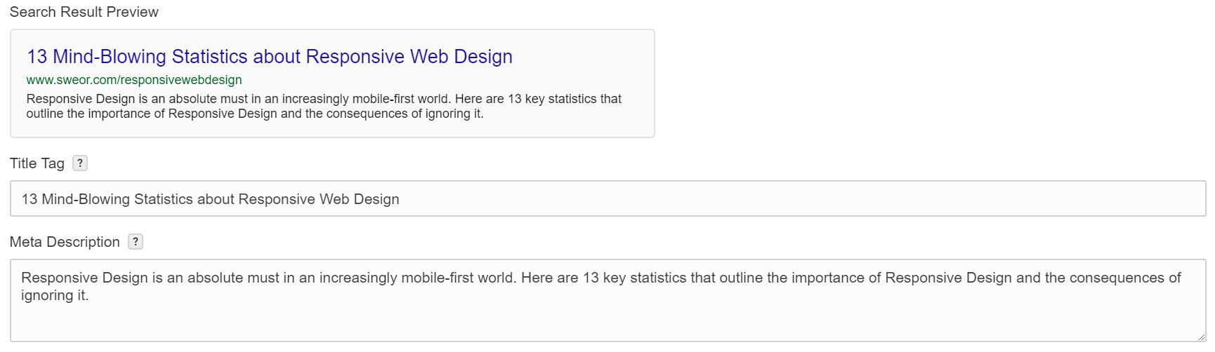 Title Tag and Meta Description fields filled out in the Webflow Editor below a Search Result Preview with the corresponding data.