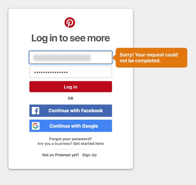 Login popup with email and passwords fields filled out. An orage alert next to the email field reads: Sorry your request could not be completed.