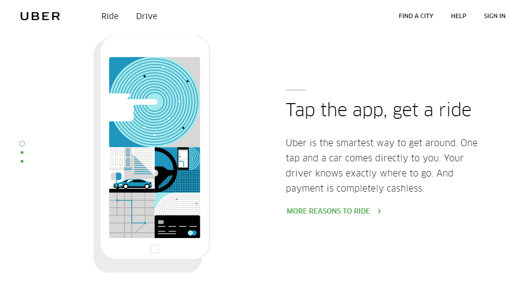 Uber's clean, simple homepage with a graphic on the left and simple copy on the right