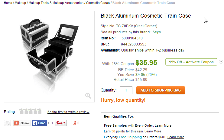 Ebay page for a cosmetic case with "Hurry, low quantity" in an orange font
