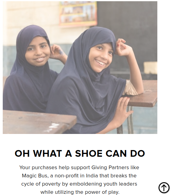 Two school-aged girls smiling at their desks wearing Hijabs with copy about proceeds from the purchase of shoes goign to the Magic Bus charity in India