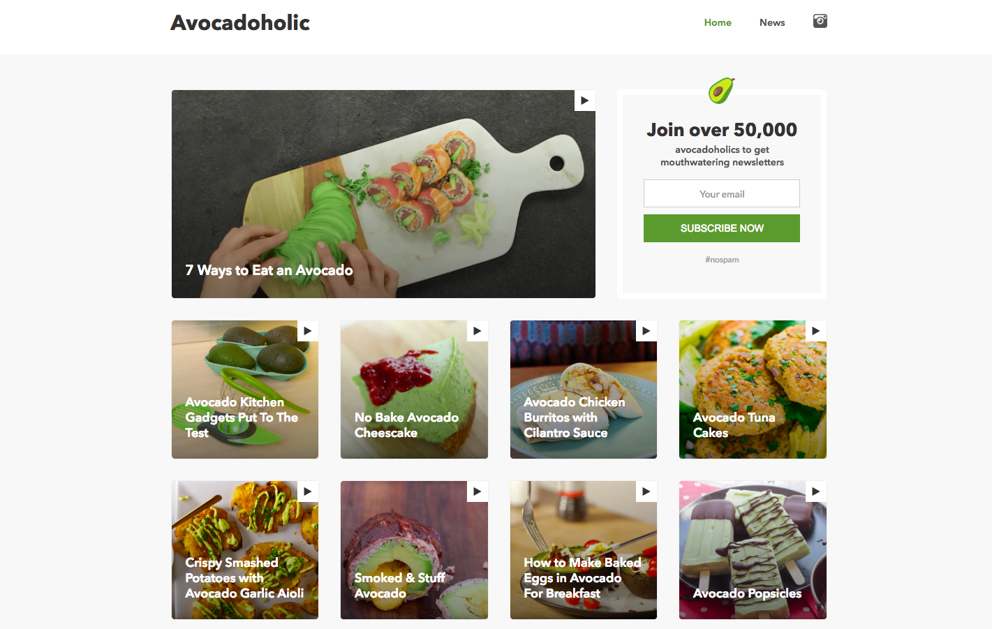 Avocadoholic landing page.