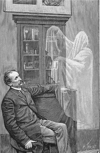 Illustration of a man in a room with a ghost.