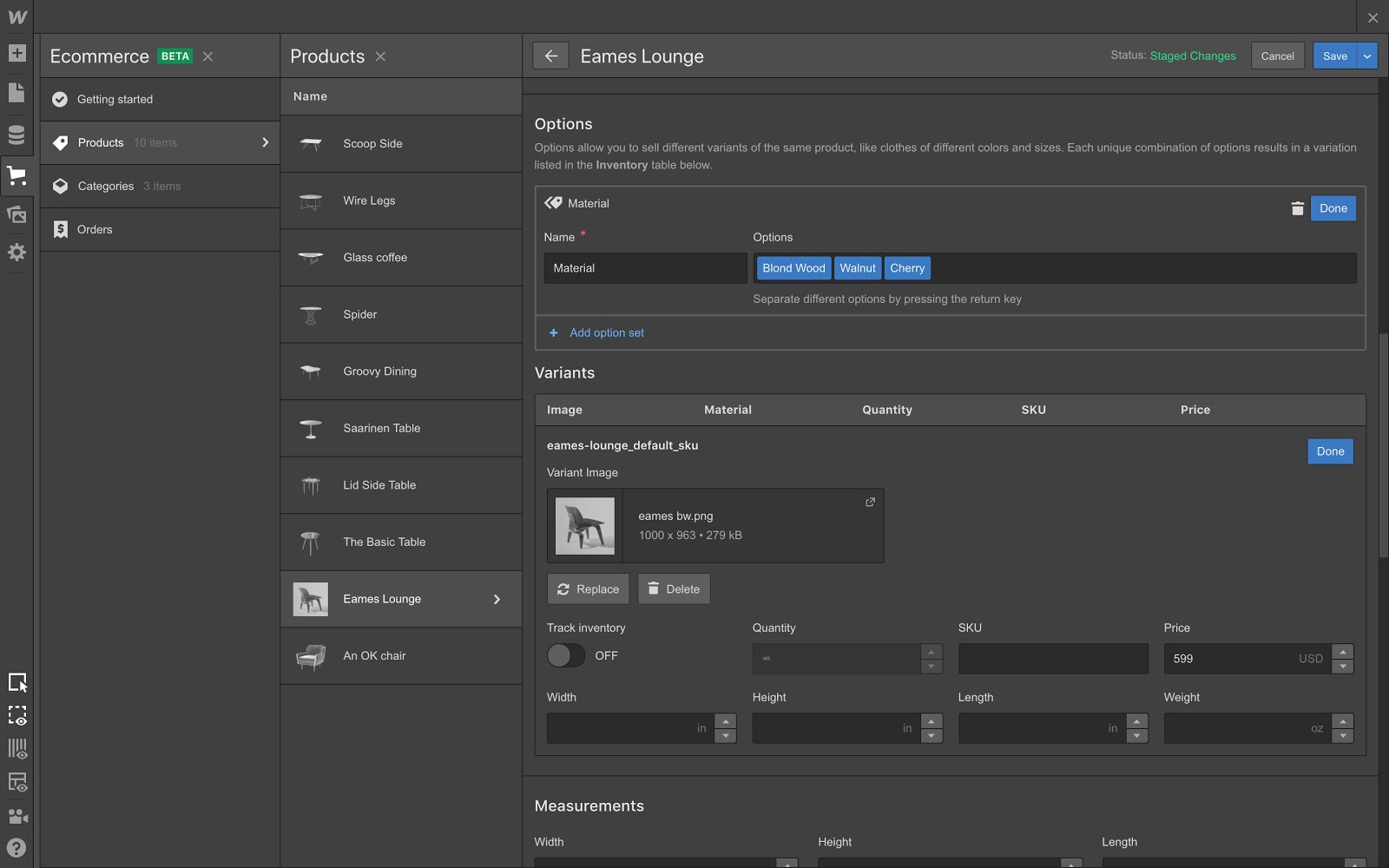 An early look at how product variants will look in the product management panel.