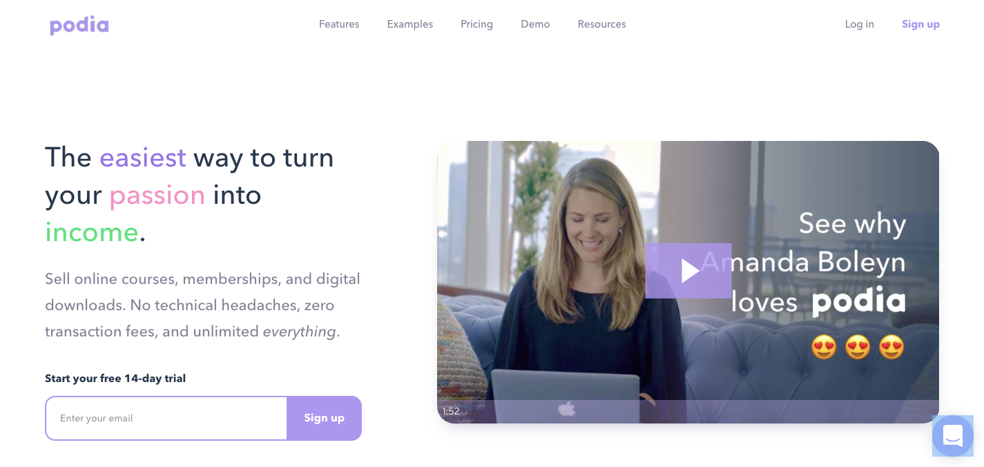 Podia homepage.