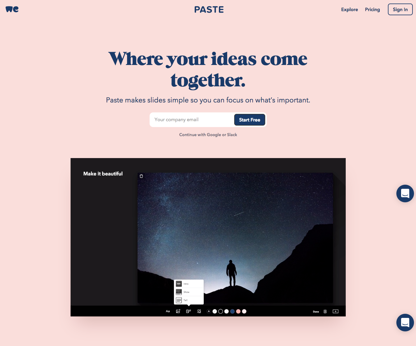 Paste by WeTransfer homepage.