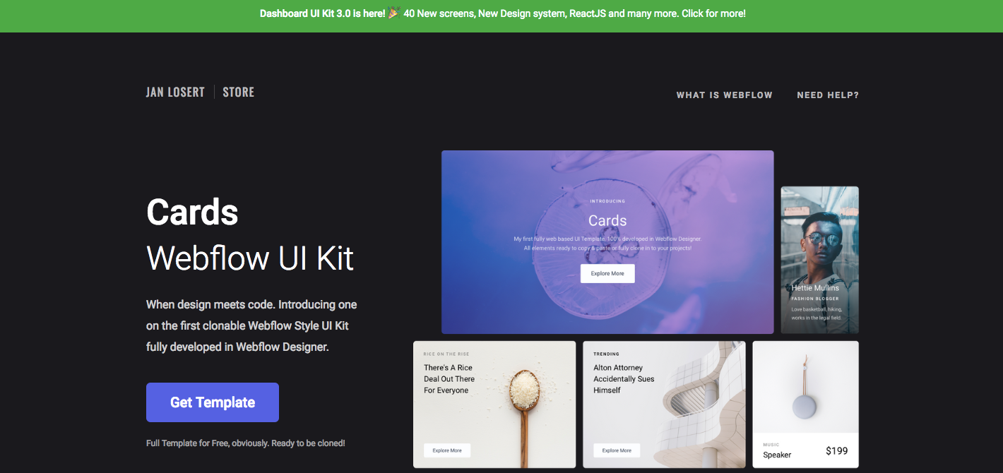 Cards Webflow UI Kit homepage.