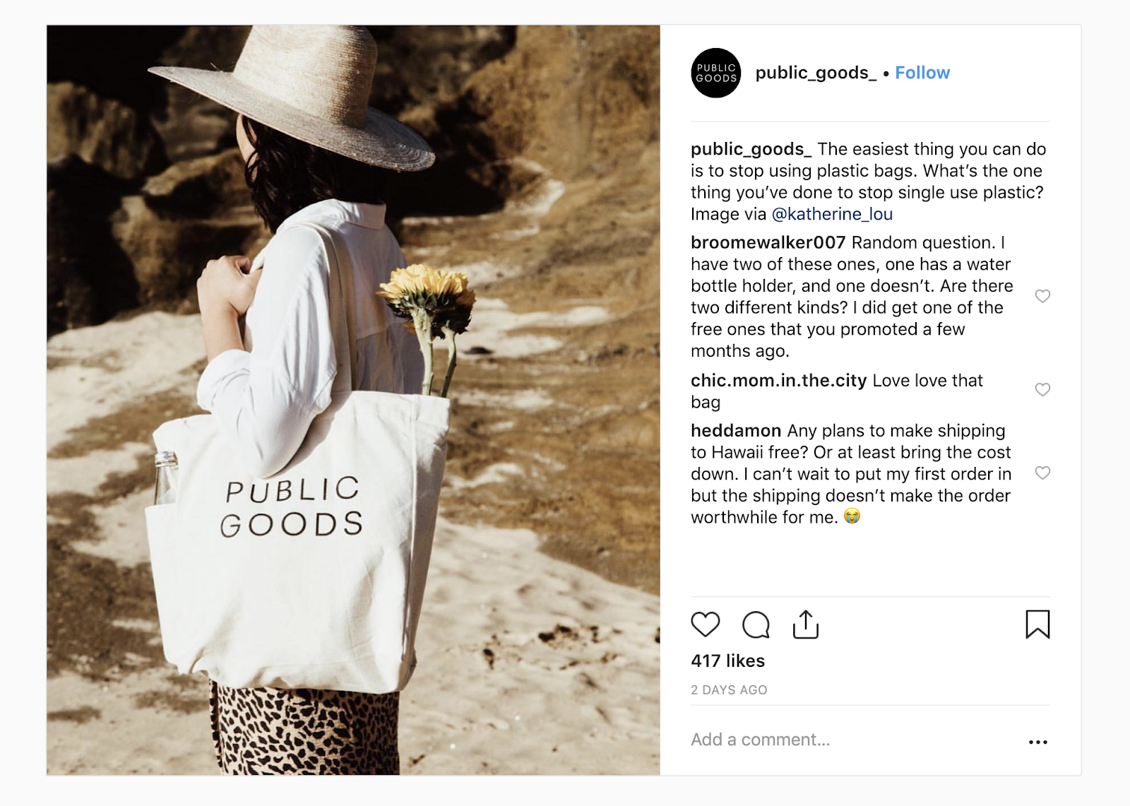 Public Goods instagram photo of a woman at the beach, carrying a branded Public Goods bag. The caption reads: "The easiest thing you can do is to stop using plastic bags. What's the one thing you've one to stop using single-use plastic?"