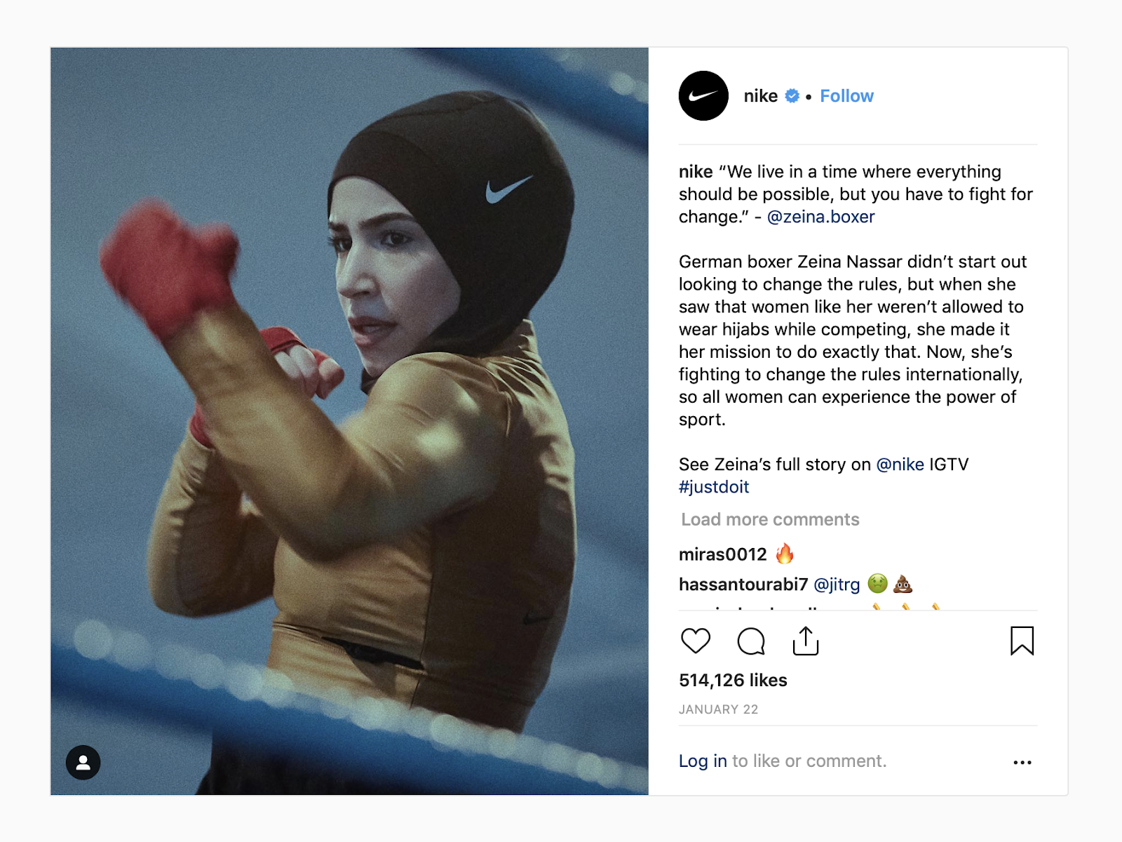 Nike instagram caption reads: "'We live in a time where everything should be possible, but you have to fight for change.' -@zeina.boxer German boxer Zeina Nassar didn't start out looking to change the rules, but when she saw that women like her weren't allowed to wear hijabs while competing, she made it her mission to do exactly that. Now she's fighting to change the rules internationally, so all women can experience the power of sport."