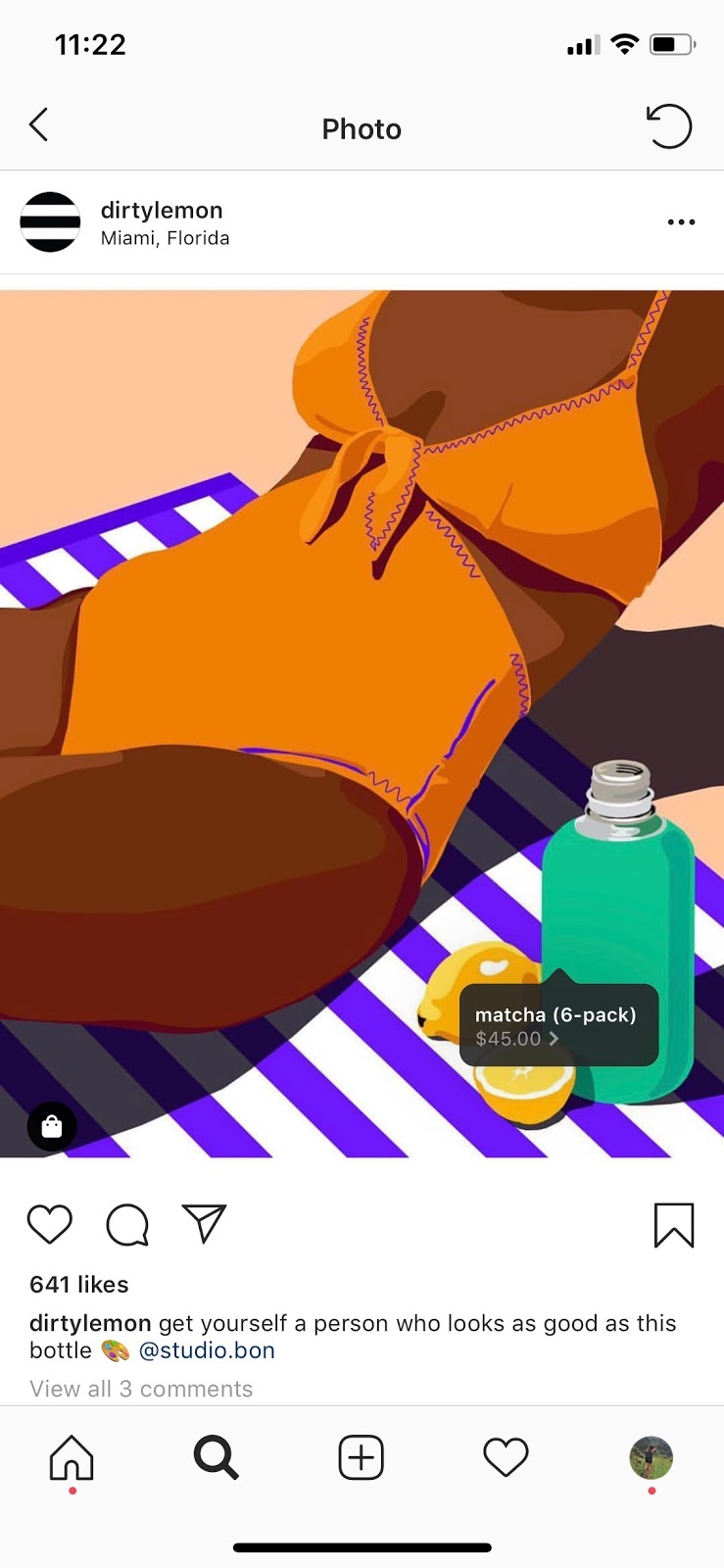 Dirty Lemon instagram post of an illustrated photo of a dark-skinned woman in a bathing suit on a towel. Next to her is a green bottle and a lemon and a half. The caption reads, "get yourself a person who looks as good as this bottle"