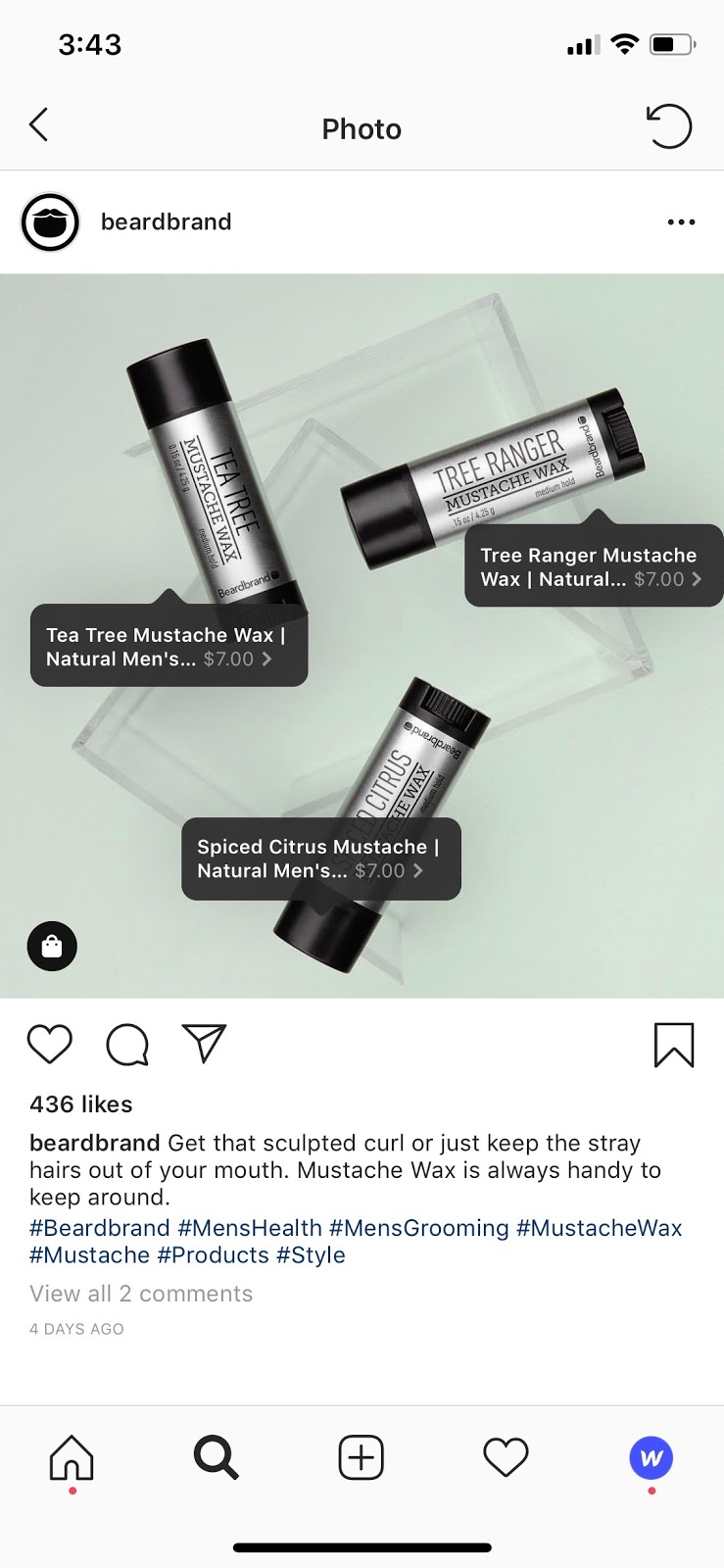 Beardbrand instagram post of mustache wax in 3 scents with clickable price tags.