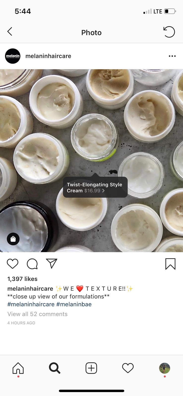 Melanin Hair Care instagram picture of multiple open jars photographed from above. They all contain a white, creamy substance and the caption reads, "WE <3 TEXTURE. closeup view of our formulations"