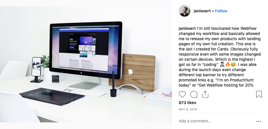 Jan Losert Instagram post from May 8th showing Cards UI kit homepage on desktop display.