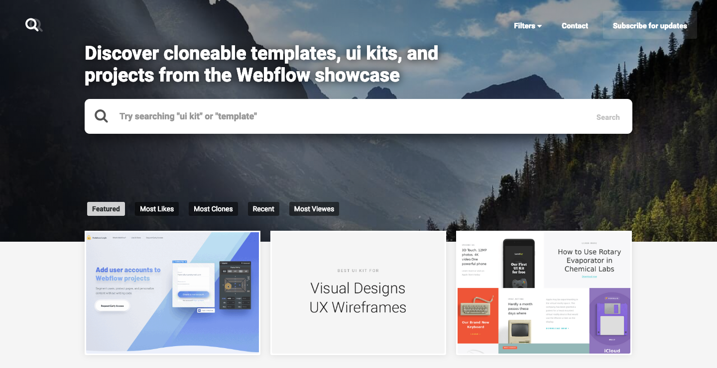 Webflow showcase search homepage.