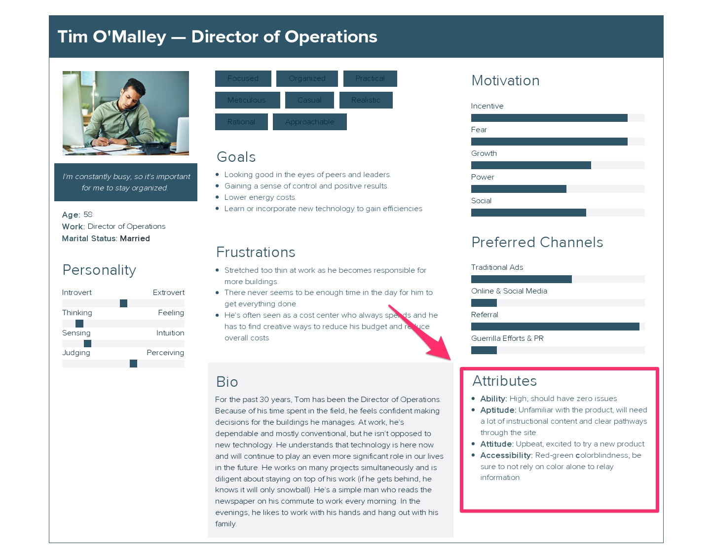 Persona document titled, "Tim O'Malley — Director of Operations." The persona lists his goals, frustrations, bio, motivation levels, etc.