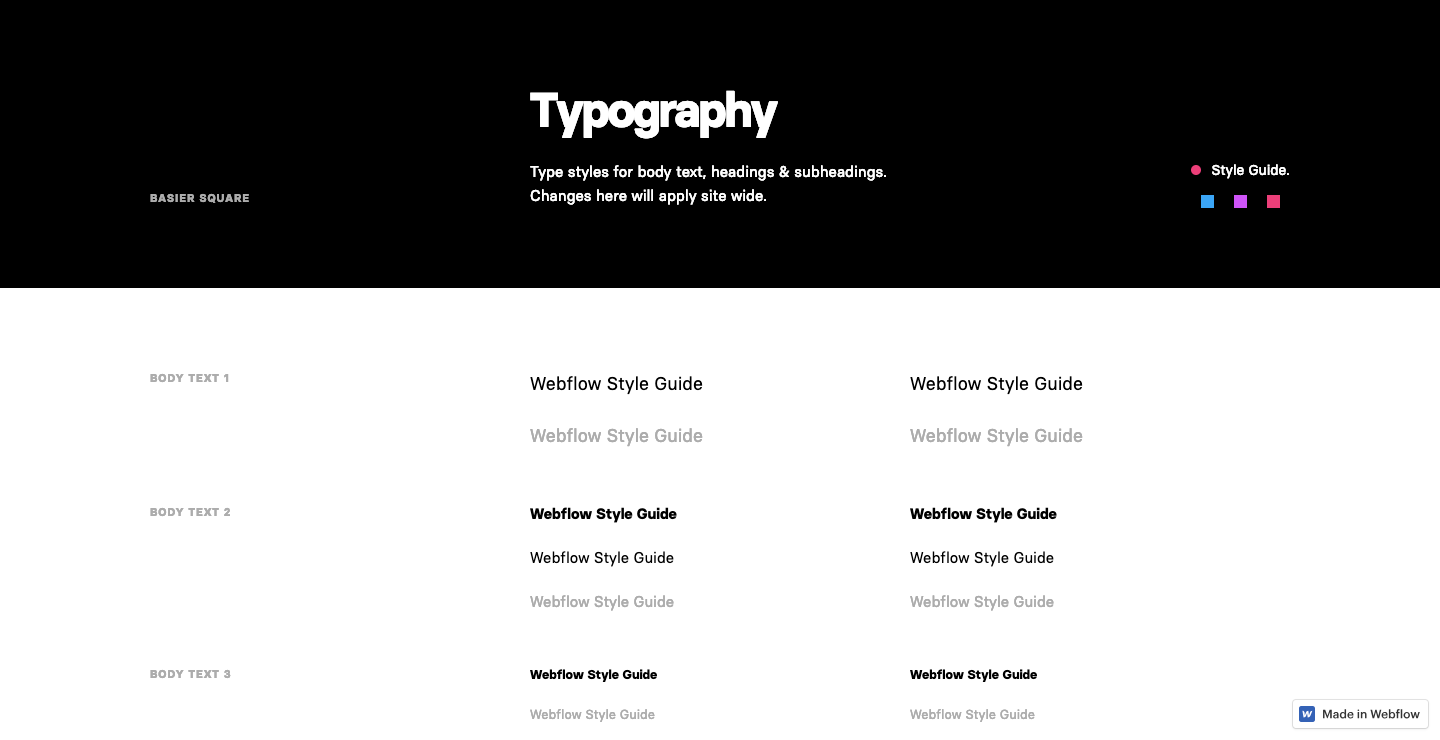 Style Guide Webflow showcase page
