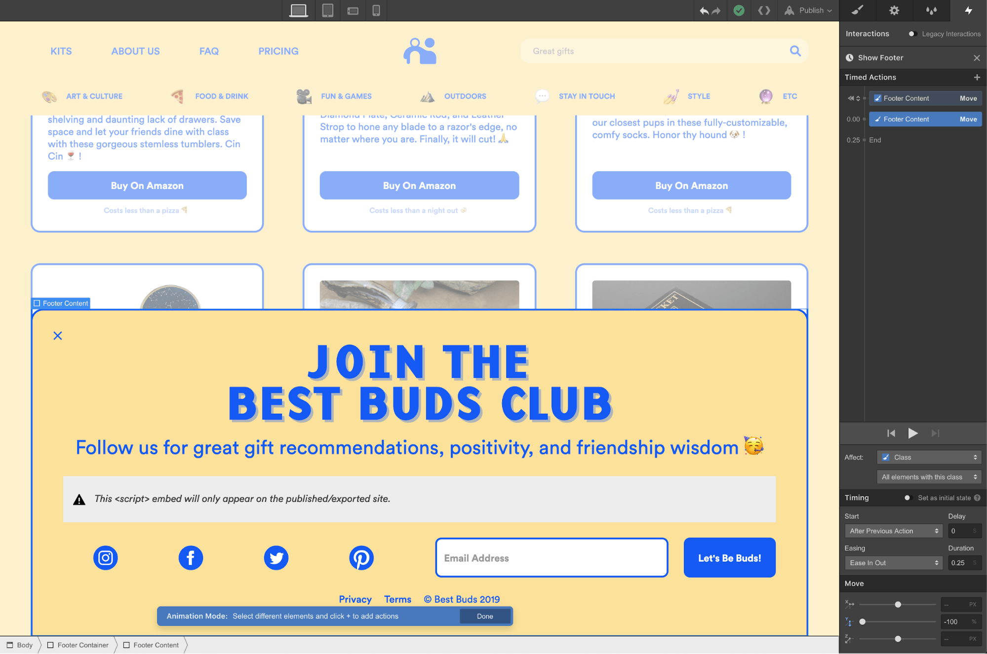 Expanded footer window containing social links, sign-up form, etc.