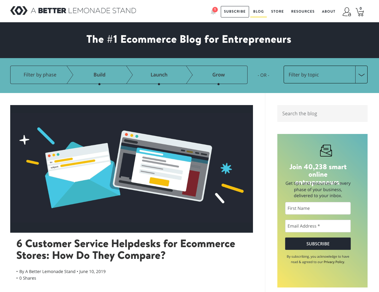 A Better Lemonade Stand blog landing page.