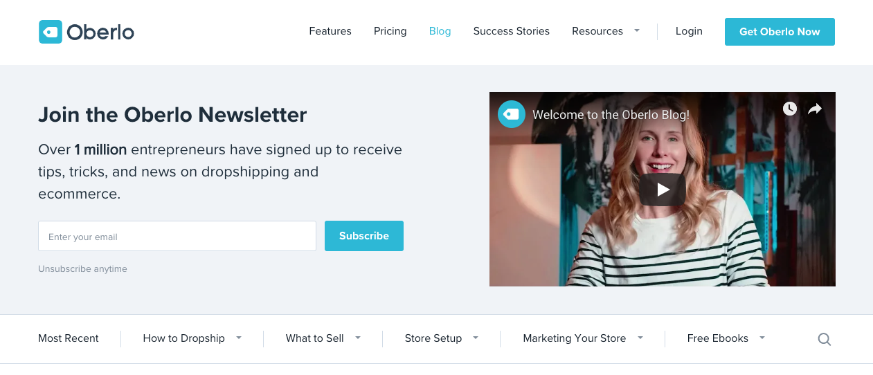 Oberlo blog landing page
