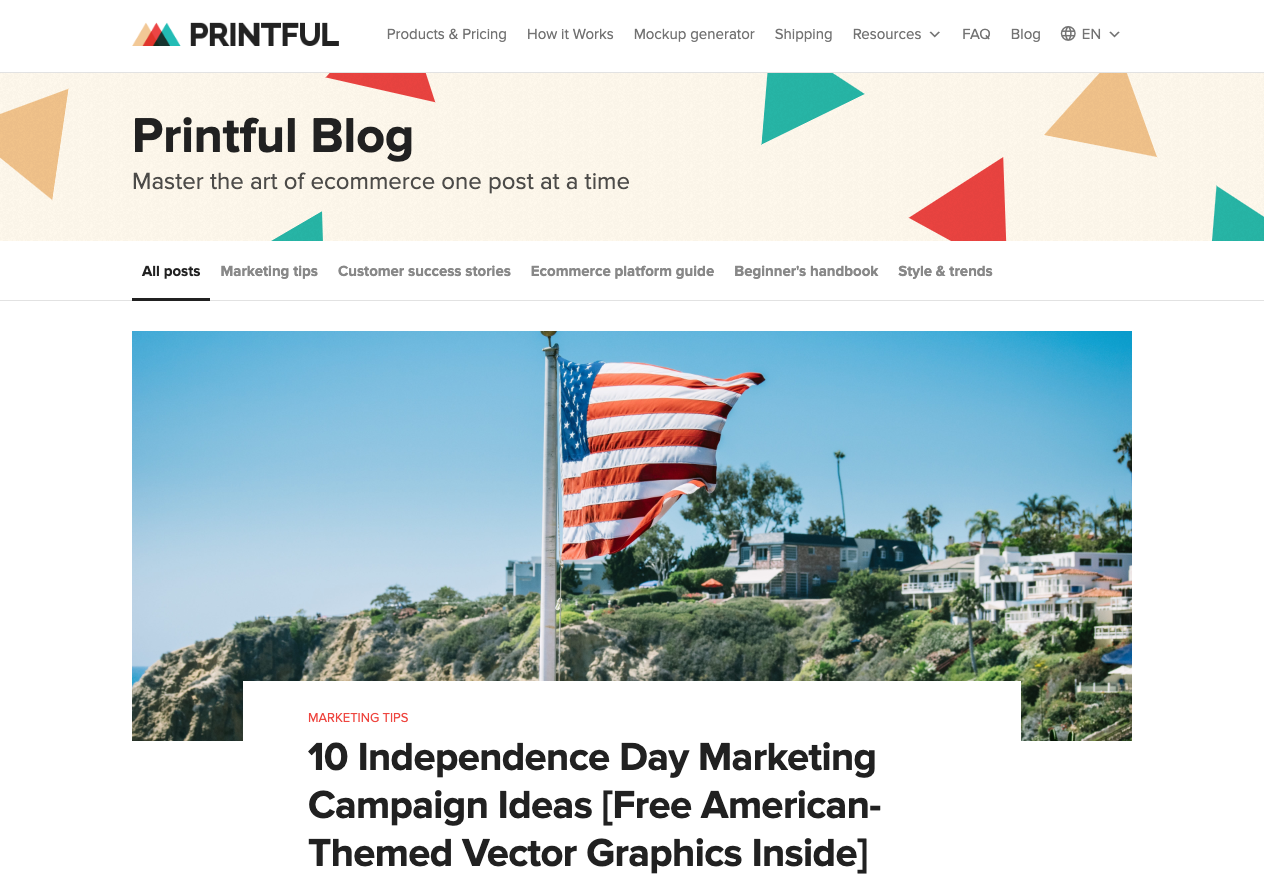 Printful blog landing page.