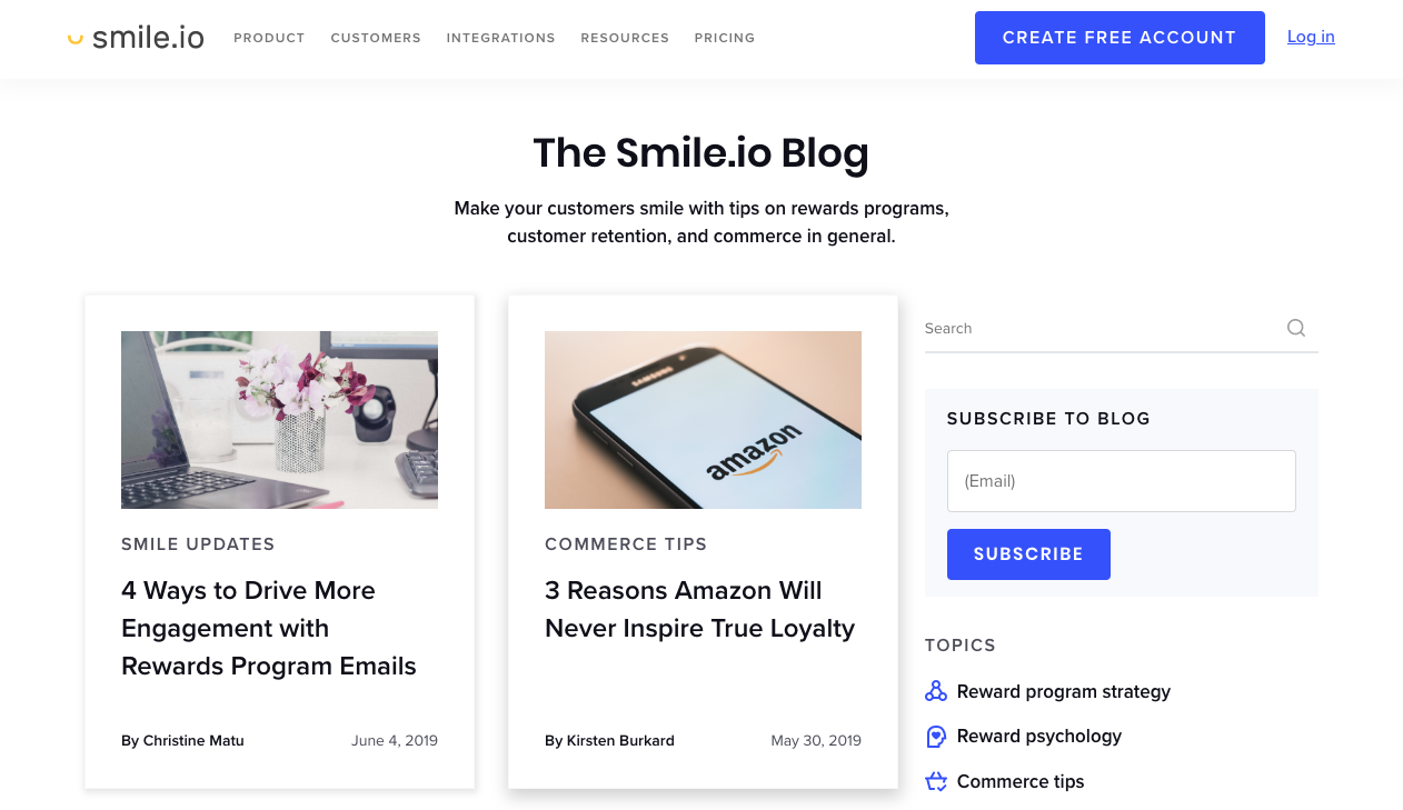 smile.io blog landing page.