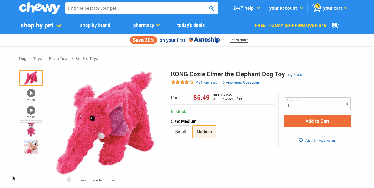 Chewy product page for pink Kong cozie with a picture of a dog laying on the floor with the kong.