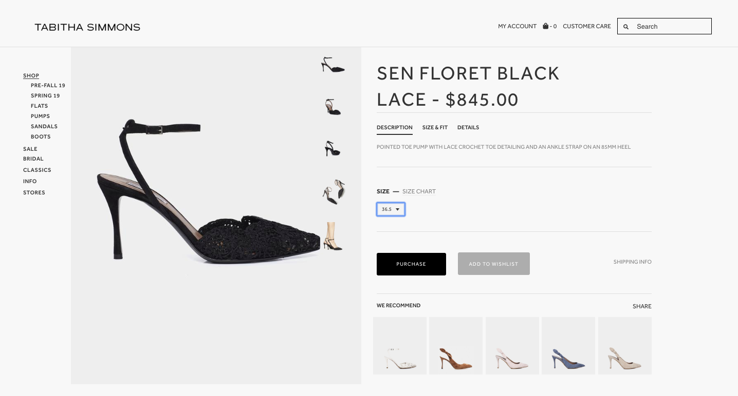 Tabitha Simmons product description page for Sen Floret Black Lace shoes.