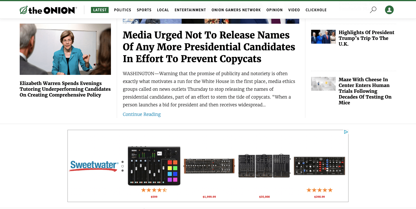 Homepage of the Onion.