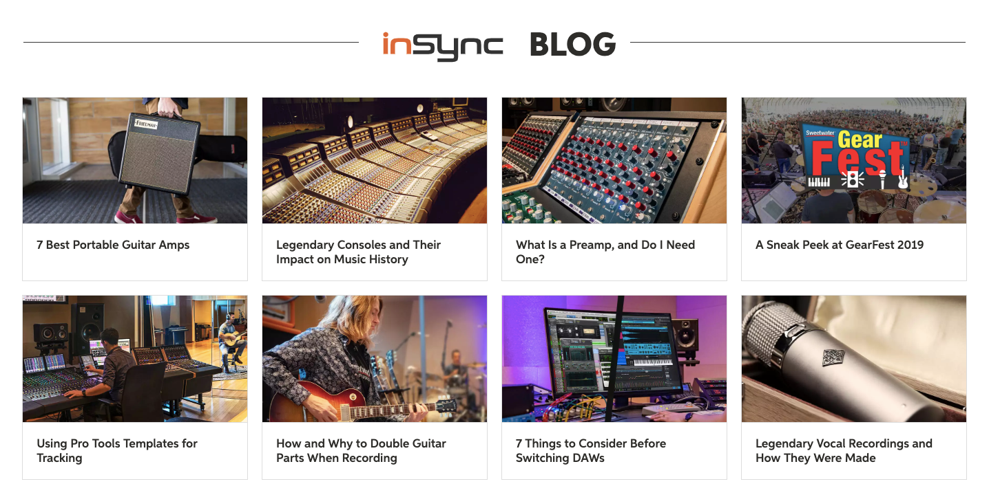 Sweetwater's inSync blog landing page.
