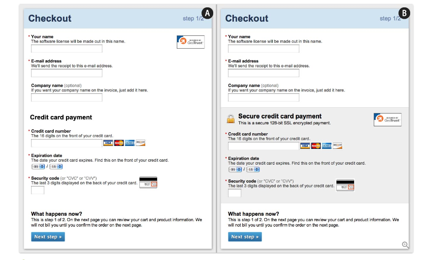Checkout page mockup showing how a payment form can emphasize its security with visual cues such like microcopy, the use and position of site seals, a padlock icon, and a visual encapsulation of credit card fields using a grey background color.