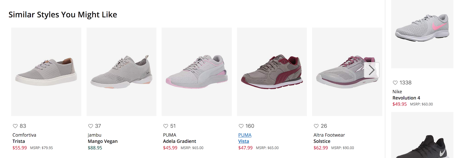 A product recommendation carousel on Zappos.com