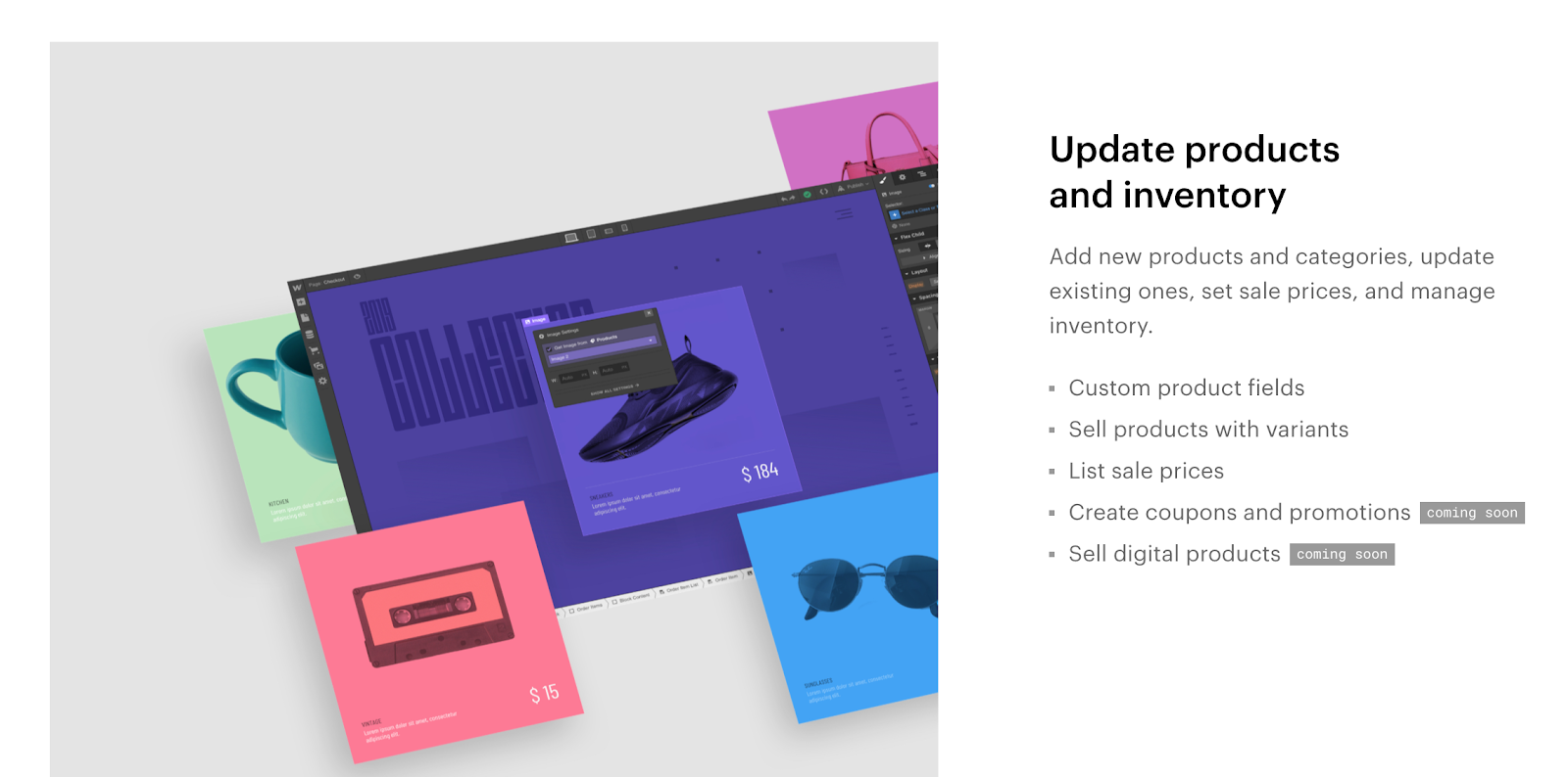 Webflow Ecommerce's inventory management tools, including custom product fields, product variants, and sale pricess